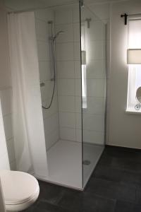 een badkamer met een glazen douche en een toilet bij Ferienwohnung Monteurwohnung DeichBrandt in Sankt Margarethen