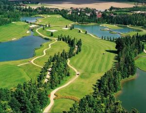 - une vue aérienne sur un parcours de golf à côté d'un lac dans l'établissement Monyhome, Appt 4pers 5mn walk RER A et Mall Val d'Europe-Disney, à Chessy