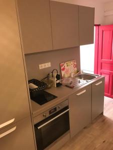 a small kitchen with a stove and a sink at Appartement à Ile Rousse in LʼÎle-Rousse