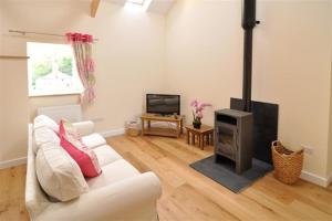 a living room with a white couch and a stove at Y Felin in Cardigan
