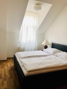 a bedroom with two beds and a window at Apartments Valencia in Karlovy Vary
