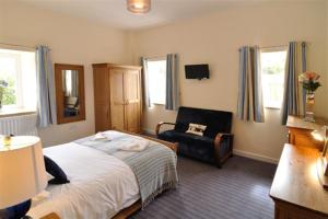 a hotel room with a bed and a chair at Y Felin in Cardigan