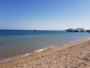 uma praia com um barco na água em Apartment Bella Rosa near the sea RedSeaLine em Hurghada