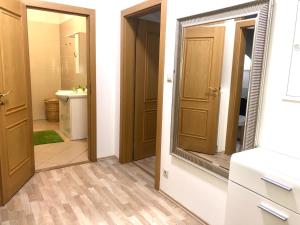 a bathroom with a mirror and a sink and a toilet at Apartments Valencia in Karlovy Vary