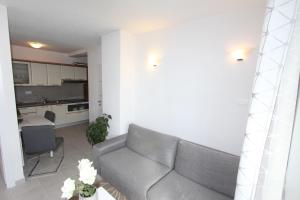 salon z szarą kanapą i kuchnią w obiekcie Apartment Stellina w Rovinj
