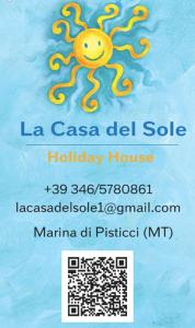 La Casa del Soleに飾ってある許可証、賞状、看板またはその他の書類