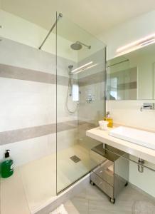 W łazience znajduje się szklana kabina prysznicowa i umywalka. w obiekcie Casina Tuareg w mieście Livorno