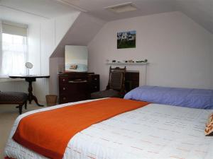 a bedroom with a large bed with an orange blanket at Mackenzie House in Kirkcudbright