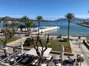 a view of a body of water with palm trees at Apartamentos Marina in Port de Pollensa