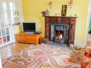 a living room with a fireplace and a television at Joe's Cottage in Ardara