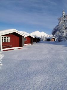 a snow covered yard with red buildings and snow covered trees at Fjellstova Ørskogfjellet Cottages in Sjøholt