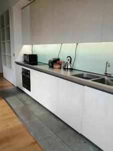 een keuken met witte kasten, een wastafel en een aanrecht bij Royal William Yard Apartment in Plymouth
