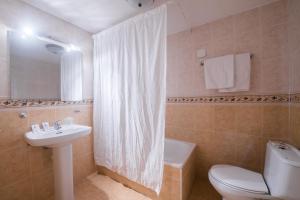 a bathroom with a toilet and a sink with a shower curtain at El Ciervo in Sierra Nevada +10 photos