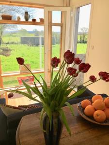 a vase with red flowers and oranges on a table at La Tiny in Brianny