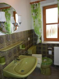 baño con lavabo verde y espejo en Ferienwohnung Waldoase am Fuchsenstein, en Spiegelau