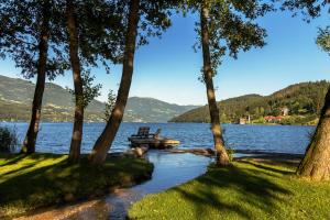 una panchina sulla riva di un lago di Haus Christina a Seeboden