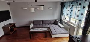 a living room with a couch and a table at Apartament Familijny Gdańsk 3 ROOMS 64m2 in Gdańsk