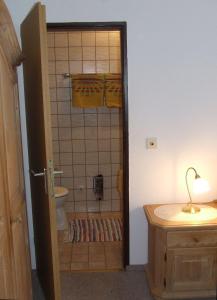 a bathroom with a toilet and a sink at Pension Sonnenhof in Bischofsmais