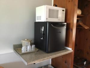 a microwave sitting on top of a black refrigerator at Bay Top Motel in Weirs Beach