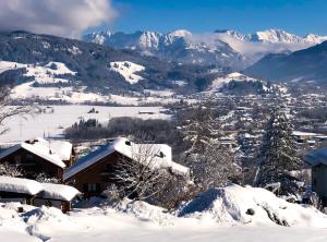 un pueblo cubierto de nieve con montañas en el fondo en Ferienwohnung Alpzeit en Blaichach