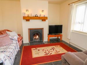 a living room with a fireplace and a tv at Mullaghderg Banks in Letterkenny