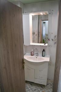 un baño con lavabo y espejo en Green rooms Hunedoara, en Hunedoara