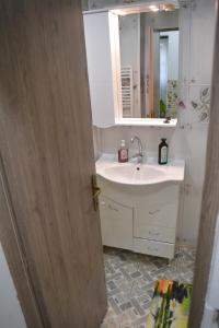 a bathroom with a sink and a mirror at Green rooms Hunedoara in Hunedoara