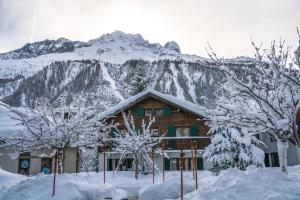 une cabane en rondins avec des arbres enneigés en face d'une montagne dans l'établissement Prachtig familie appartement voor 6 personen in het hart van Argentière, Chamonix Mont-Blanc, à Chamonix-Mont-Blanc