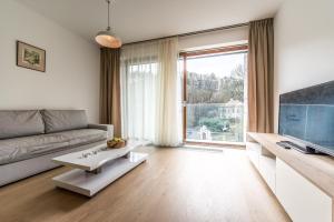 a living room with a couch and a large window at Mozart Central Apartments with garage in Prague