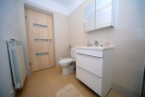 a bathroom with a toilet and a sink and a mirror at Carpen View Residence in Săcele +91 photos