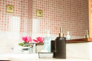 a bathroom sink with a bottle of soap and a mirror at Casa Bella con piscina in Caldes de Montbui