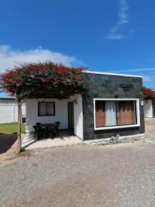 a house with a table and a tree in front of it at Cabañas Pinamar in La Serena