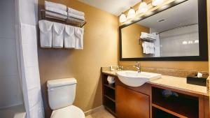 a bathroom with a toilet and a sink and a mirror at Best Western Plus Suites Downtown Calgary in Calgary