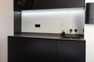 a kitchen with black cabinets and a sink at City centre studio canal belt in Amsterdam +17 photos