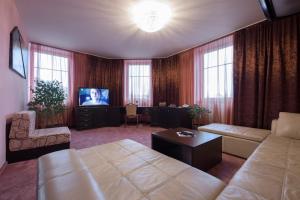 a living room with a couch and a television at Hotel Slovan in Lučenec