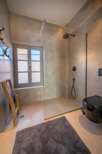 a bathroom with a shower and a glass shower stall at Sophia Aegina in Egina