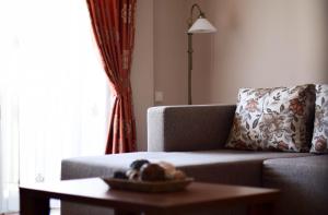 クルジュ・ナポカにあるCabrio Apart Hotelのリビングルーム(ソファ、テーブル付)