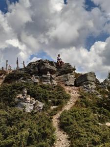 Căpîlniţa的住宿－Hajnal vendégház，坐在岩石山顶上的人