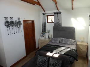 a bedroom with a bed in a room with skis on the wall at West View Farm in Louth