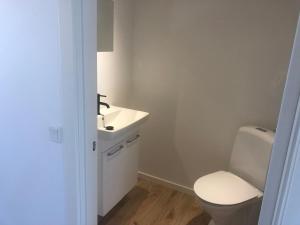 ein Badezimmer mit einem weißen WC und einem Waschbecken in der Unterkunft B & B Gødstrup - cafe og restaurant Den Gamle Stald in Herning
