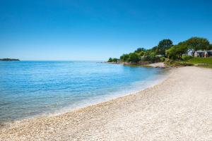 una playa con agua azul y árboles en el fondo en FKK Solaris Camping Resort by Valamar, en Poreč