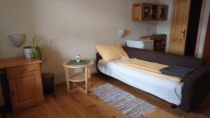 ein Wohnzimmer mit einem Sofa und einem Tisch in der Unterkunft Landhaus Knödl-Alm in Bad Mitterndorf