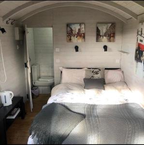 - une chambre avec un lit et des toilettes dans l'établissement The Cherry Tree Gypsy Wagon, à Banbury