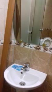 La salle de bains est pourvue d'un lavabo blanc et d'un miroir. dans l'établissement Готель АС Ясіня, à Yasinya