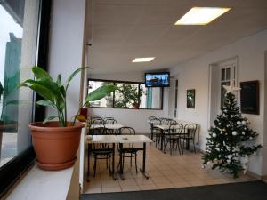 una habitación con un árbol de Navidad, mesas y sillas en HOTEL HOSTELLERIE DES VOYAGEURS en Bonson