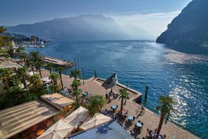 uma vista para um corpo de água com palmeiras em Hotel Sole Relax & Panorama em Riva del Garda