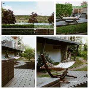 un collage de photos avec hamac dans une cour dans l'établissement Les Terrasses sur Seine, à Vernon