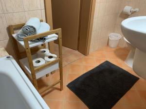 ein Bad mit einem Waschbecken, einem WC und Handtüchern in der Unterkunft Apartmánový dom Magura in Donovaly