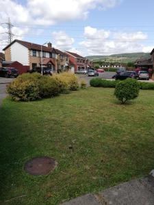 a grassy yard with a house and a street at Little Cosy Cwtsh in Pontyclun