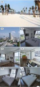eine Collage mit Fotos eines Hotels mit Palmen in der Unterkunft Homestay sea view Newlife Halong. in Hạ Long